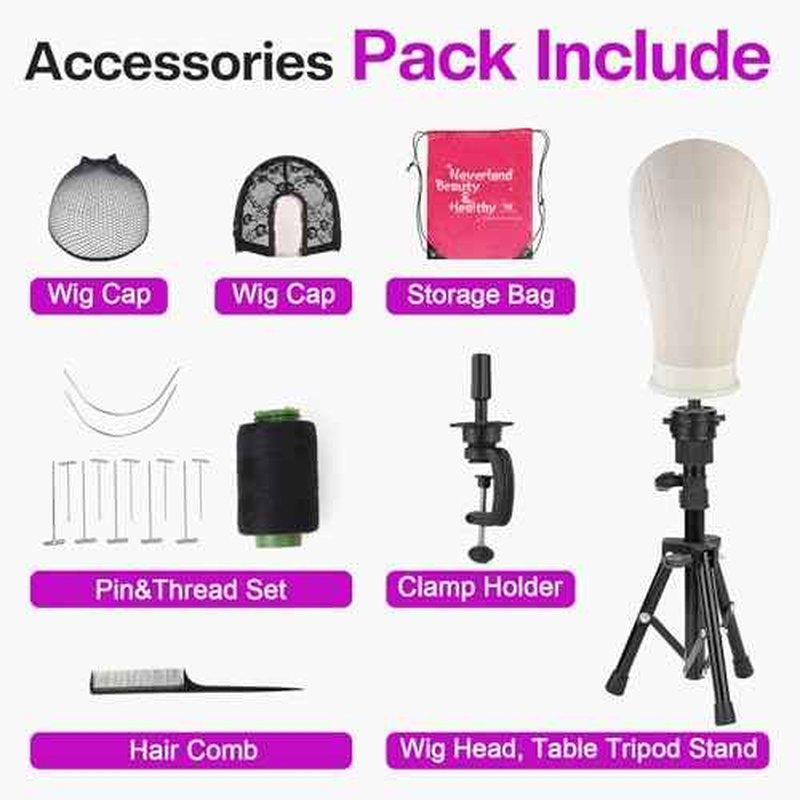 23 Inch Wig Head,Wig Stand Tripod with Head,Canvas Wig Head Stand with Mannequin Head for Wigs,Manikin Head Block Set for Wigs Making Display with Wig caps,T Pins Set,Bristle Brush