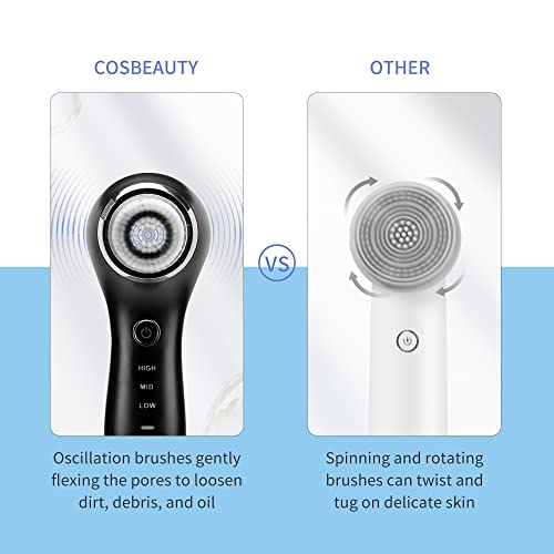 COSBEAUTY Black Sonic Face Scrubber Exfoliator with 5 Interchangeable Brush Heads, Waterproof Rechargeable Skin Cleansing Brush