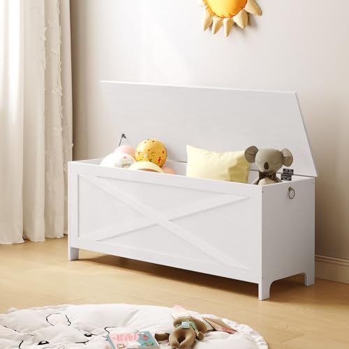 White Storage Chest Bench with Lid, Safety Hinges, 47.2 Inch