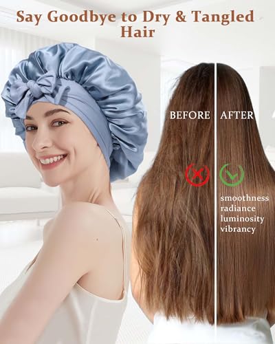 Ufgin 100% Mulberry Silk Sleep Bonnet for Women Double Layer Haze Blue & Sky Blue