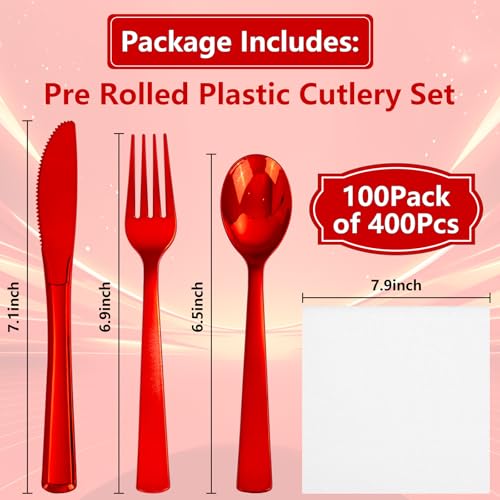 Joyido Red Classic Heavy Duty Pre Rolled Plastic Silverware Set 400PCS for Weddings