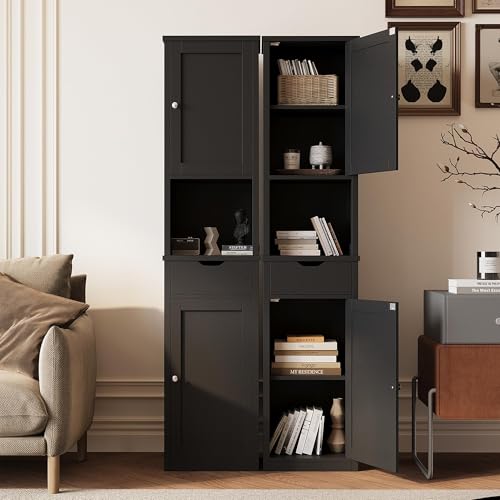 Tall Bathroom Storage Cabinet - Narrow Slim Black Cabinet with Drawers & Shelves - Corner Unit
