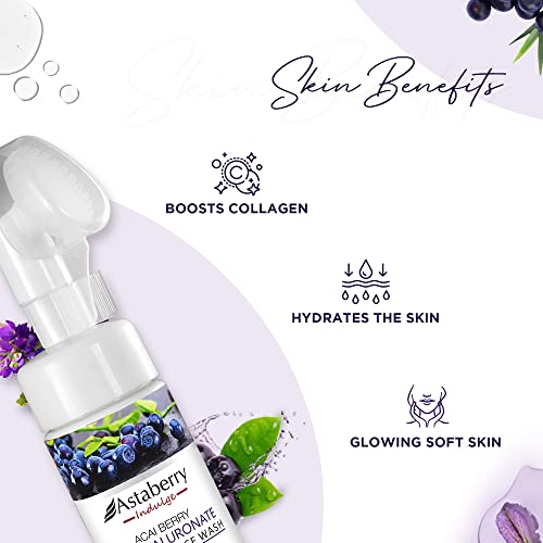Acai Berry Foaming Face Wash Daily Facial Cleanser | Hyaluronic Acid, Silicon Exfoliating Scrub Brush | Anti Aging, Hydrating, Acne, Dark Spot Control for Sensitive Dry Oily Skin