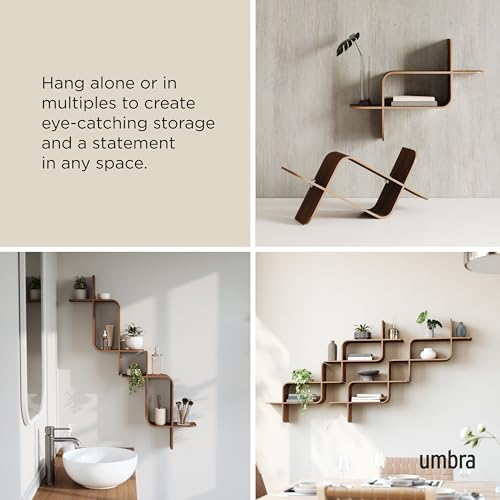 Floating Wall Shelf - Natural Walnut Finish, Modern Geometric Design, Mounts Horizontally or Vertically, 15lb Capacity - Light Walnut Variation