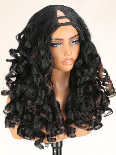 Highlight Brown Synthetic Curly V Part Wig for Black Women - 22 Inch Light & Bouncy