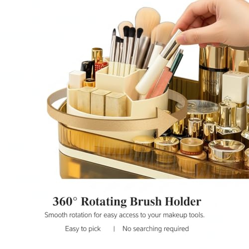 Brown Makeup Organizer with Dual Drawers and Rotating Top - TidyLadyo