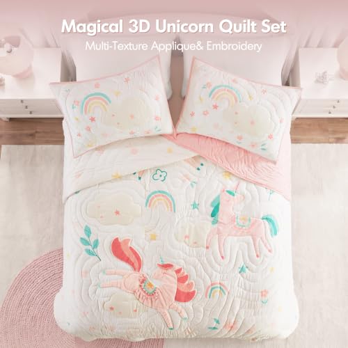 Kids Unicorn Quilt Set Full/Queen Pink 3-Piece Girls Bedding Whimsical Decor