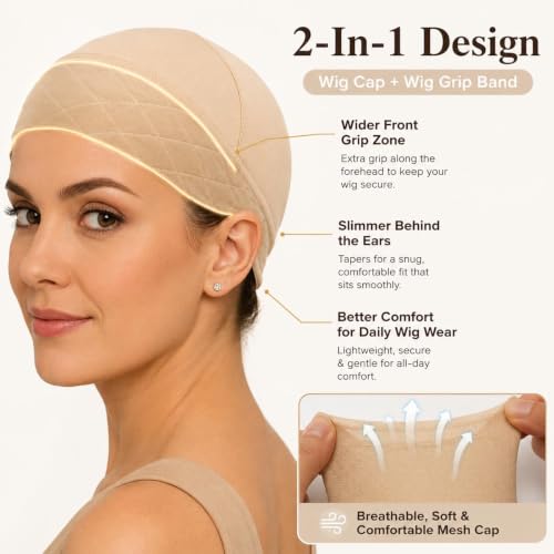 SYXI Nude 2-in-1 Wig Grip Cap & Band for Women, Non-Slip Secure Fit