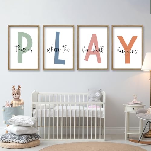 This Is Where The Fun Stuff Happens Kids Playroom Wall Art 24"×16" Wood - 4-Piece Set