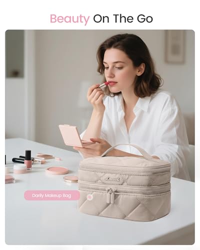 LOVEVOOK Khaki Travel Makeup Bag - Large Open Flat Toiletry Organizer with Double Layer, Quilted, Waterproof