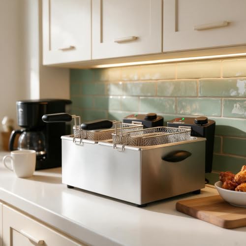ZALUKV 7.4QT Dual Tank Electric Deep Fryer with Oil Filtration & Viewing Window
