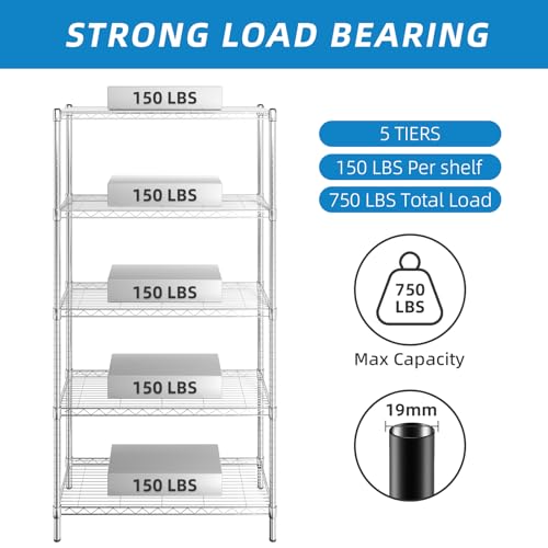 Adjustable Metal Wire Shelving Unit - Chrome Finish, 36 x 14 x 72 Inches with 5 Shelves