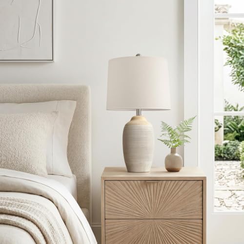 Retro Beige Ceramic Table Lamp with Pre-Attached Linen Shade - 24.5" Living Room Decor