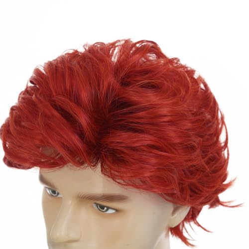 Men's Red Short Curly Synthetic Wig - Side Part Natural Halloween & Daily Use