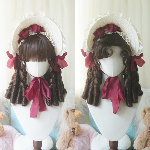 Vintage Lolita Costume Wig with Bangs & Spiral Curls - Deep Brown