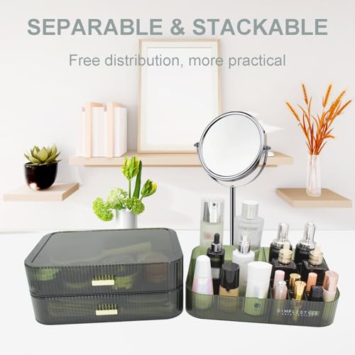 Makeup Organizer with 2 Drawers and Top Tray - Green, Separable & Stackable