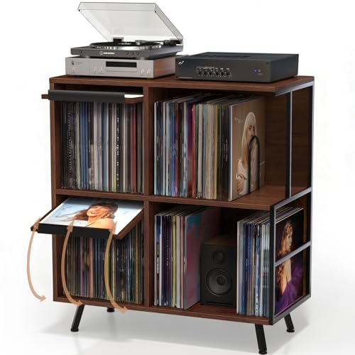 Walnut 3-Tier Record Player Stand with Flip-Down Vinyl Shelf - Faesun
