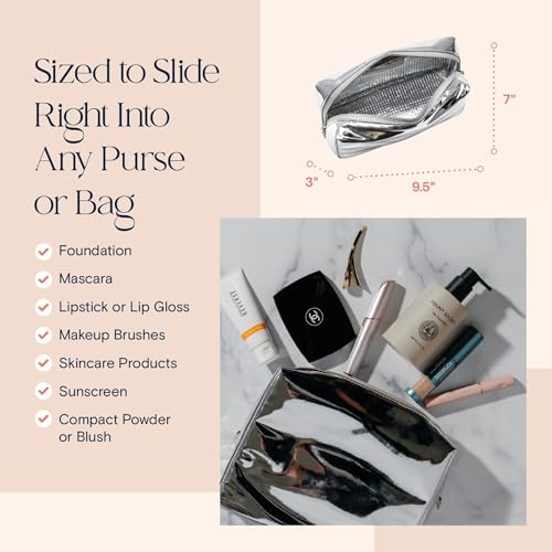 Stay Golden Metallic Silver Insulated Waterproof Makeup Bag for Women Heat-Resistant Travel Cosmetic & Toiletry Bag | Luxurious Vegan Leather Portable Makeup Organizer - Medium