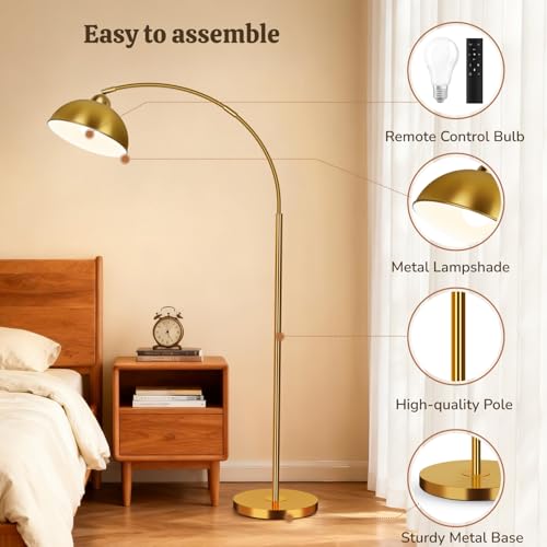 Arc Floor Lamp for Living Room & Bedroom - 72-Inch Gold Modern Tall Reading Lamp with Remote & Dimmable LED Bulb