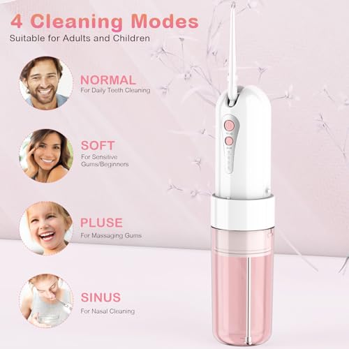 Portable Water Flosser with Travel Case - Rechargeable IPX7 Waterproof Oral Irrigator Pink - 5 Jet Tips & 4 Modes