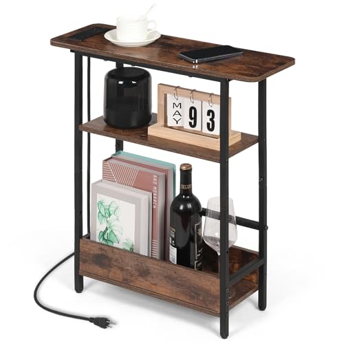 Narrow End Table with USB-C Charging Station - 3-Tier Slim Side Table - USB-C Model