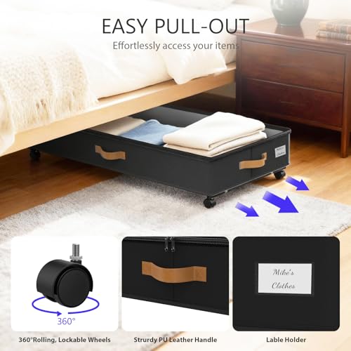 Under Bed Storage Container with Wheels 75L XXL 4-Pack Black - Adjustable & Durable
