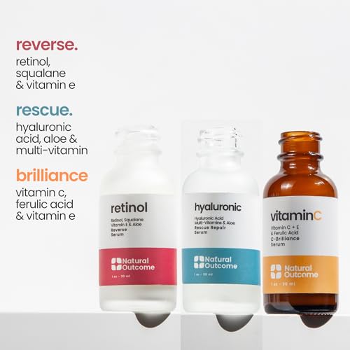 Natural Outcome Hyaluronic Acid, Vitamin C & Retinol Serum Set – Day & Night Anti-Aging (1 oz each), Vegan & Fragrance Free