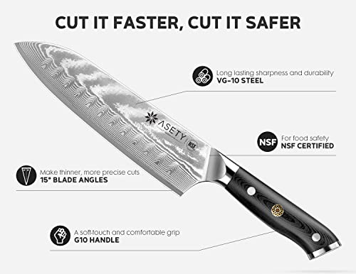 ASETY Damascus Knife Set 3 Pieces with G10 Handle - Chef, Santoku & Utility Knives