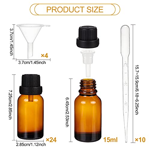 BENECREAT 24 Pack 15ml Brown Glass Essential Oil Bottles Refillable Container Kits with Plastic Droppers, Funnel Hoppers and Sticker for Aromatherapy Fragrance Cosmetic Oil