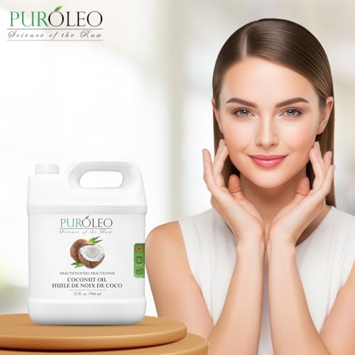 PUROLEO Fractionated Coconut Oil 32 Fl Oz/946 ML (Packed in Canada) 100% Natural and odorless Moisturizer & Carrier Oil l Hair Skin Body, Aromatherapy, Massage, Makeup Remover
