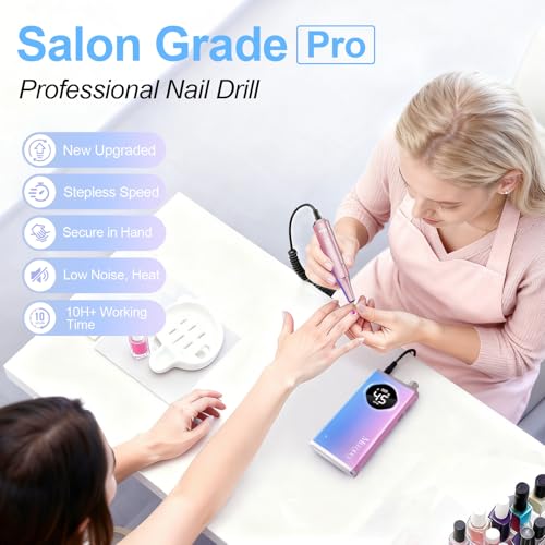 Melodly Rechargeable Electric Nail Drill Kit - Pro Blue Pink, 45000 RPM, Cordless Portable, Professional Nail File for Acrylic & Gel Nails