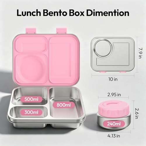 Pink Stainless Steel Bento Lunch Box with 8oz Insulated Food Jar & 3 Compartments