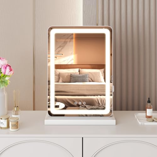 NEWBULIG 18.5"x13" LED Lighted Vanity Mirror, Smart Tabletop Makeup Mirrors with Lights for Desk, Touch Control Dimmable Brightness, 3 Color Lighting Modes