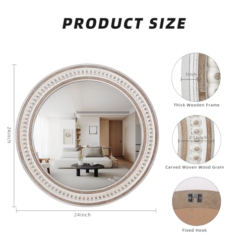 Decointo 24 Inch Round Rustic Wooden Bathroom Mirror - Style 1