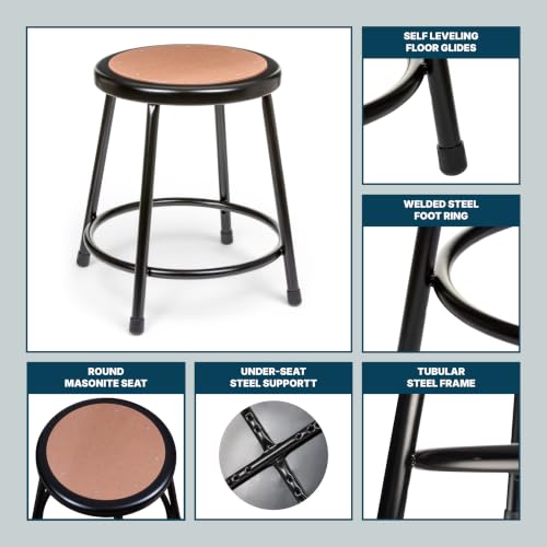 Black 18-Inch Commercial Steel Round Stool with Wood Seat - 2 Pack