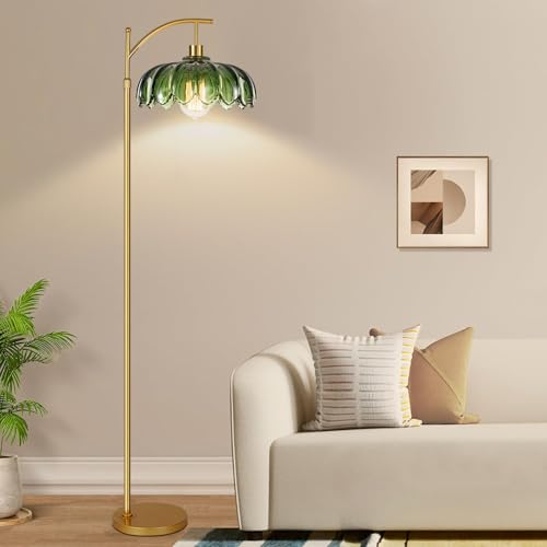 Green Glass Floor Lamp with Remote Control & Dimmable Features - Vintage Brass Standing Lamp, 65-70 Inches, Mid-Century Modern Design