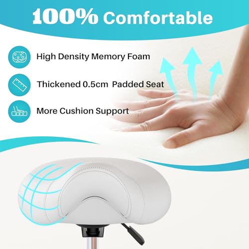 Ergonomic Saddle Stool with Wheels - White Saddle Chair, Adjustable Height