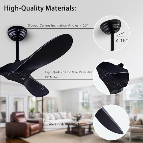 52-Inch Ceiling Fan with Remote - Reversible, Quiet, No Lights, Black
