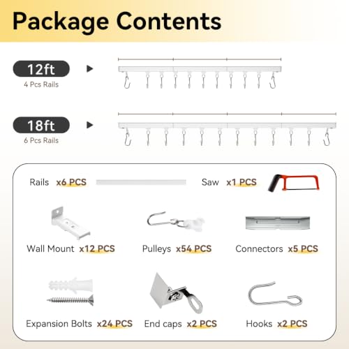 Ceiling Curtain Track Set 15-18ft White | Room Divider Rail System, 6-Piece
