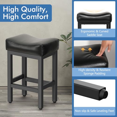 Raynesys 24 Inch Bonded Leather Counter Height Bar Stools Set of 2 - All Black, Ergonomic Saddle Seat
