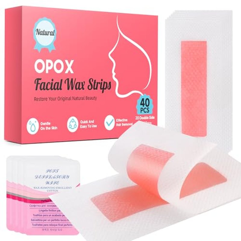 40PCS Facial Wax Strips for Hair Removal, Facial Hair Removal for Women, Waxing Kit for Women's Face, Bikini, Chest, Body, Arms, Legs, Back | 40ct Waxing Strips & 4 calming Oil Wipes
