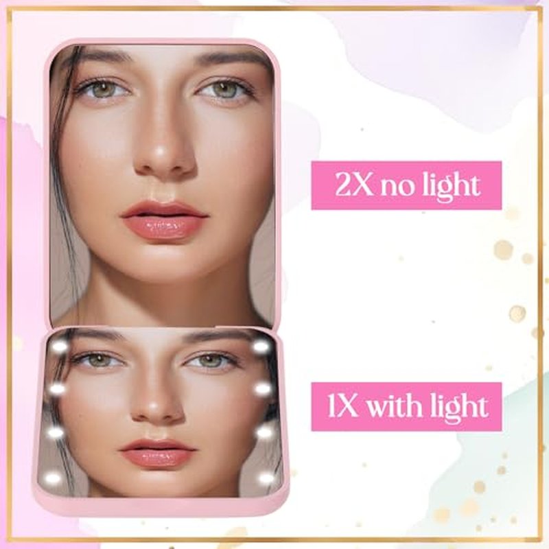 6 Pcs Hello Gorgeous Compact Mirror Pink 1x/2x Magnification Makeup Mirror Pocket with LED Light for Purse, Travel, Gorgeous Gift for Woman Mother Nurse Bridesmaid Sleepover Spa Party