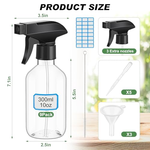 10oz Plastic Spray Bottles Bulk Pack - Clear, Adjustable Nozzle, 9 Pack with Nozzles & Accessories (Variation: Regular, Clear, 10oz/300ml)