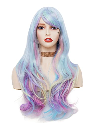 Rainbow Colorful Wavy Wig for Women 26 Inch Synthetic Cosplay & Party Hair