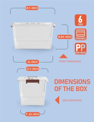 32 Qt Plastic Storage Bin with Lids & Buckles - 6 Pack, Stackable & Clear