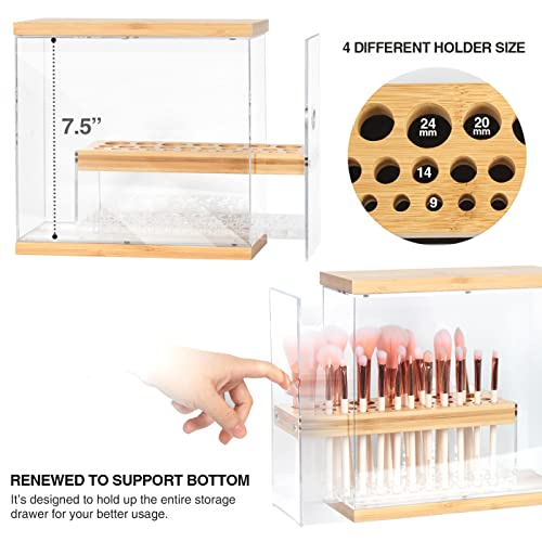 Transparent Acrylic & Bamboo Brush Holder Organizer with Leather Drawer - 31 Holes