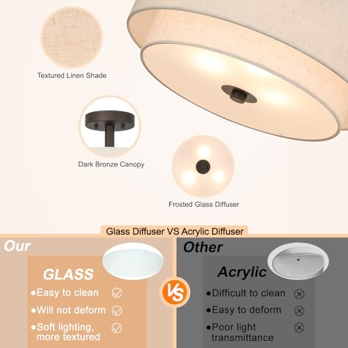 16-Inch Linen Drum Semi Flush Ceiling Light - Dark Bronze Finish