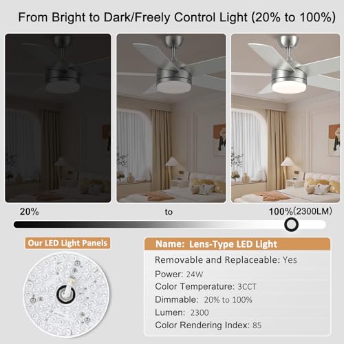 44 Inch Brushed Nickel Ceiling Fan with Light Remote DC Reversible 6-Speed