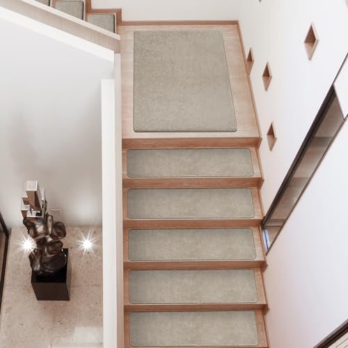 Cream Gray Carpet Stair Treads 8 x 30 Inches - 14 Pcs Ultra Plush Non-Slip Home Safety