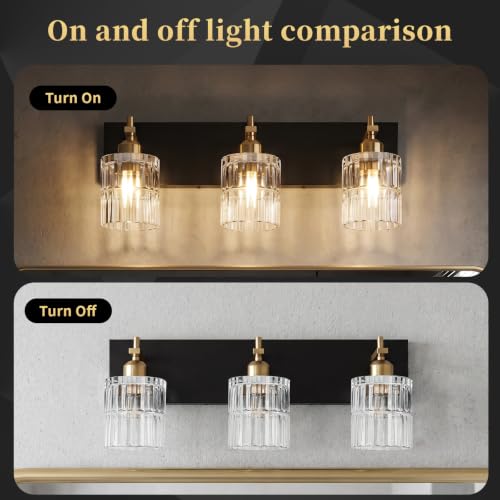 OCIOC 3-Light Bathroom Vanity Light Black & Gold Wall Sconce with Glass Shades - Farmhouse Style